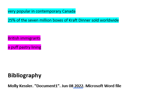 Highlighted text in a Word Document and the collected highlights from the document 