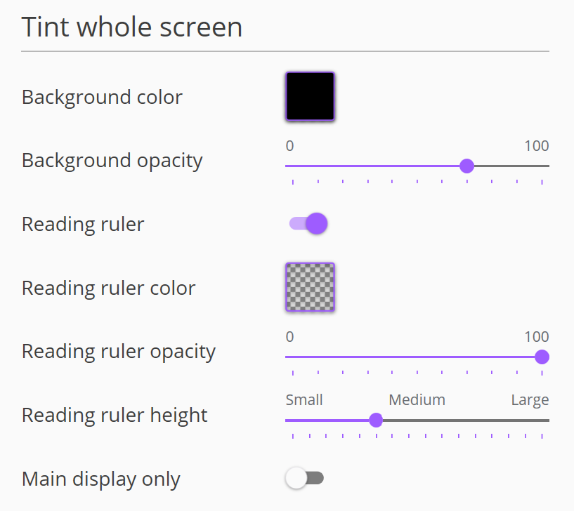 Recommended Settings using ‘Tint Whole Screen’ masking option. 